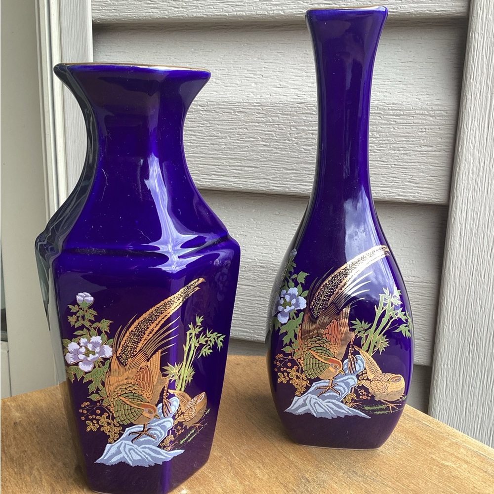 Pair of Vintage Nanco Cobalt Blue Japanese Pheasant Bird Vases